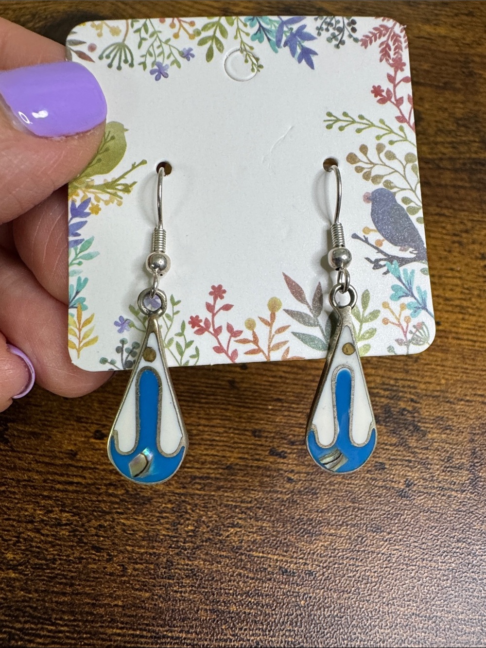 Blue and White Teardrop Dangle Shell Inlay Earrings - Alpaca Mexico